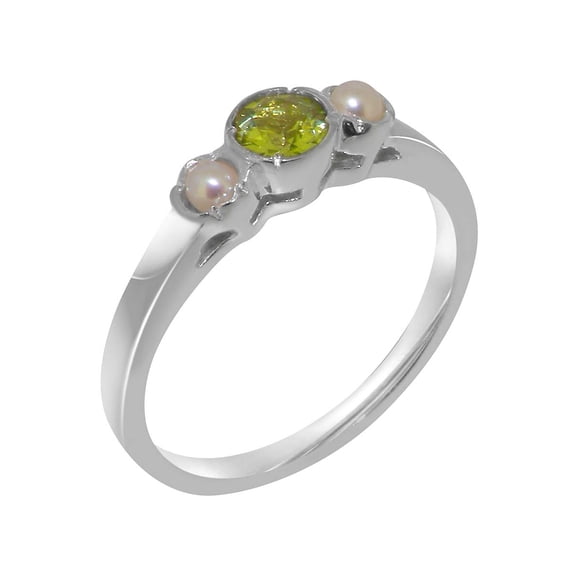 LBG British Made 925 Sterling Silver Natural Peridot & Cultured Pearl Womens Anniversary Ring - 33 size options - Size 10