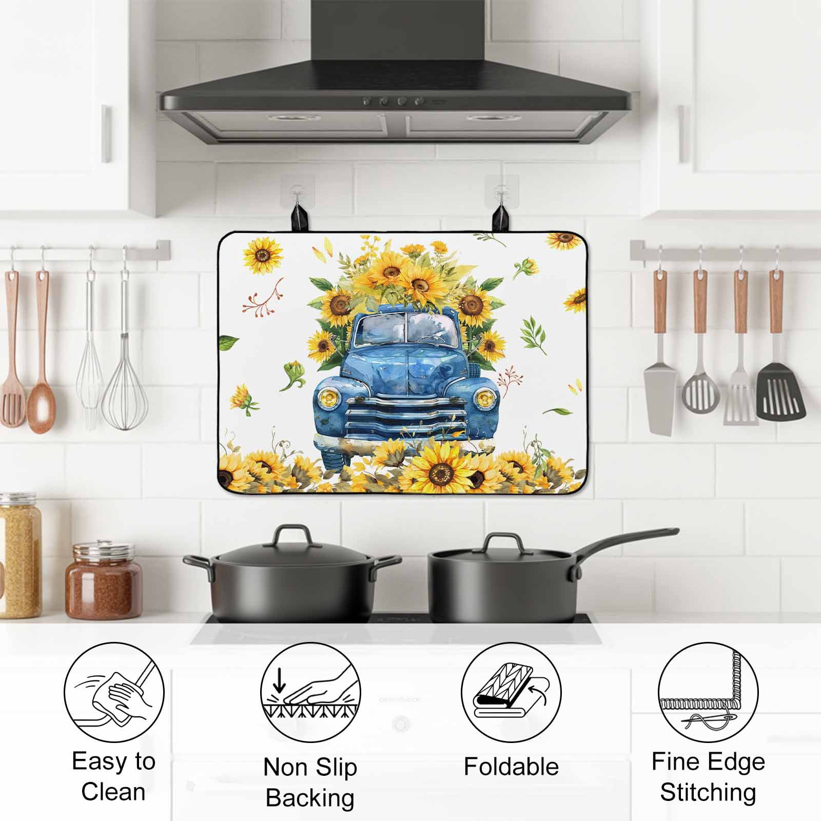 Sunflower Stove Top Cover for Electric Stove, Heat-proof & Non Slip Glass Top Stove Cover Protector, Watercolor Summer Floral Botanical Truck Kitchen Flat Cooktop Rubber Mat 24x21 Inches