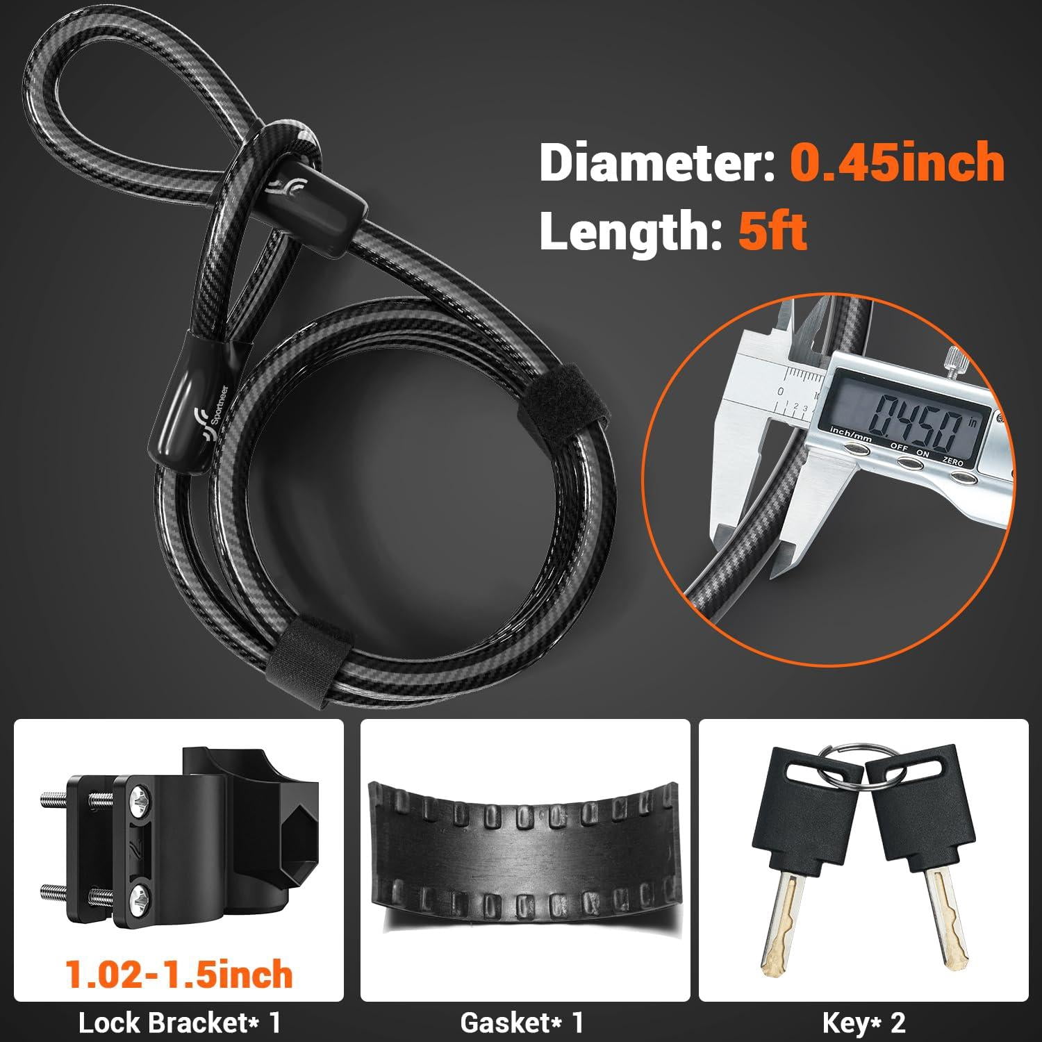 Bike Lock: Heavy Duty Anti U Lock With 5ft Security Steel Cable - 17mm Shackle Bicycle U-locks 2 Keys & Mounting Bracket For Road Mountain  Size 7.76''x5.02'' 1.64lb