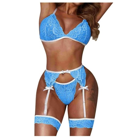 

Knosfe with Garter Floral Babydoll for Women Halter Bra and Panty Set Lace Lingerie Set L