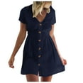 thumbnail image 2 of Puntoco Vestido De Manga Corta Con Cuello En V, Vestido Superior De Cintura Con Botones De Color Sólido Con Cuello En V Para Vacaciones De Verano Para Mujer Azul Oscuro M, 2 of 7