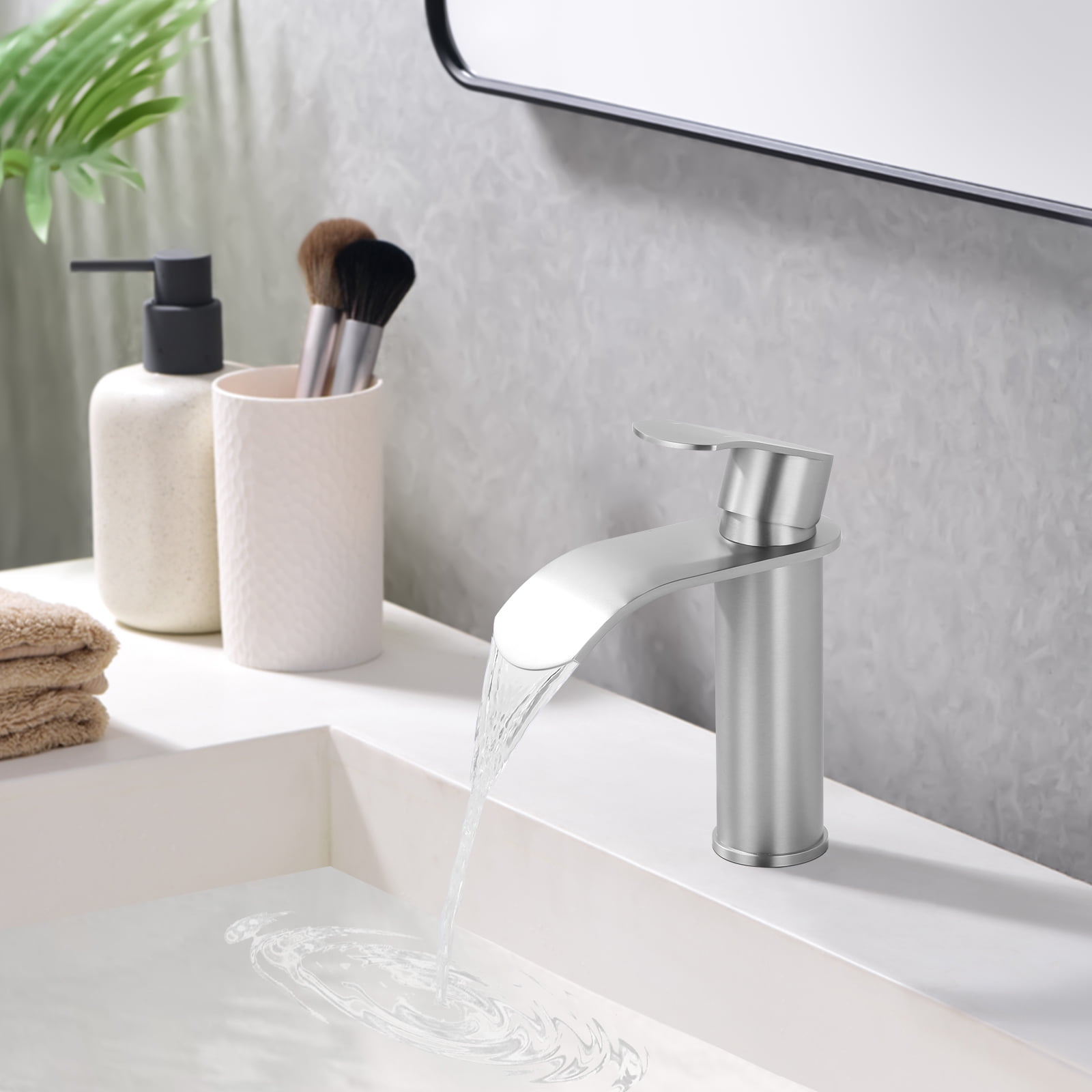 WOWOW Waterfall Bathroom Faucet Single Handle, Single Hole Bathroom Sink Faucet Stainless Steel, Brushed Nickel Bathroom Faucet with Deck Plate, 1 Hole or 3 Hole Lavatory Faucet for Bathroom Sink