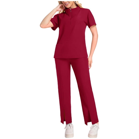 FAVIPT Women'S Medical Scrub Sets Mock Neck Short Sleeve 1/4 Zip Top Split Pants Nursing Workwear Uniform 2026 Wine,XL