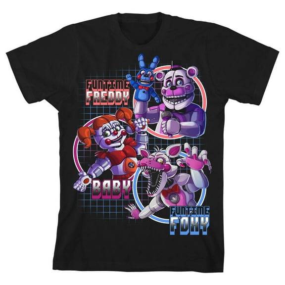 Five Nights Sister Location Funtime Freddy Foxy and Baby Boy's Black T-shirt-Medium
