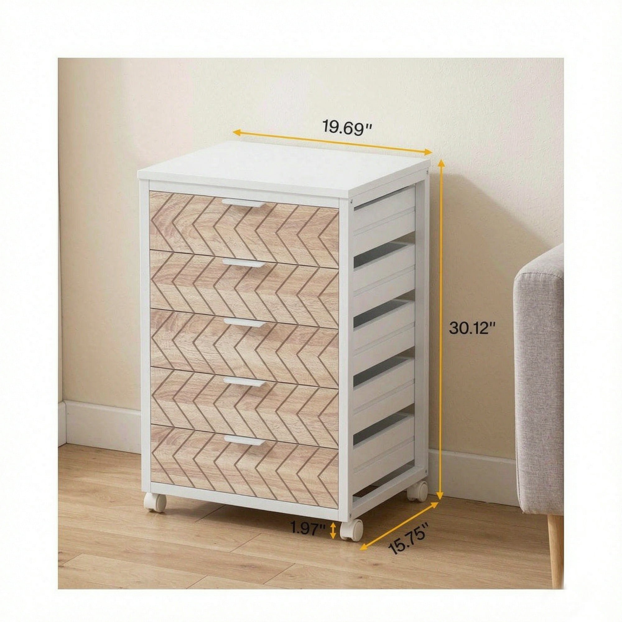 Astoutdoor 5-Drawer Rolling Storage Cabinet with Wood Grain Fronts and Casters, Engineered Wood, 31.89 in x 17.52 in x 6.10 in