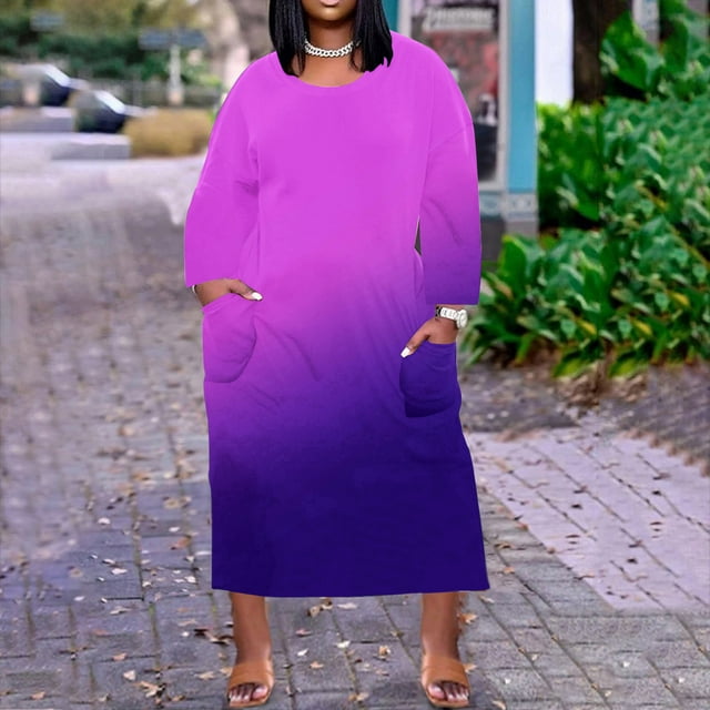 Gspmoly Robes pour Femmes, Robe Grande Taille pour Femmes à Col Rond, Robes d'Été Décontractées avec Poche, Manches Longues Jusqu'au Genou avec Poches, Robes de Cocktail pour Femmes Offres des Fêtes