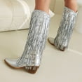 thumbnail image 6 of FRSASU women's thick-heeled western pointed booties tassels & sequins decorated fashionable boots mid heel mid top boots Silver, 6 of 7