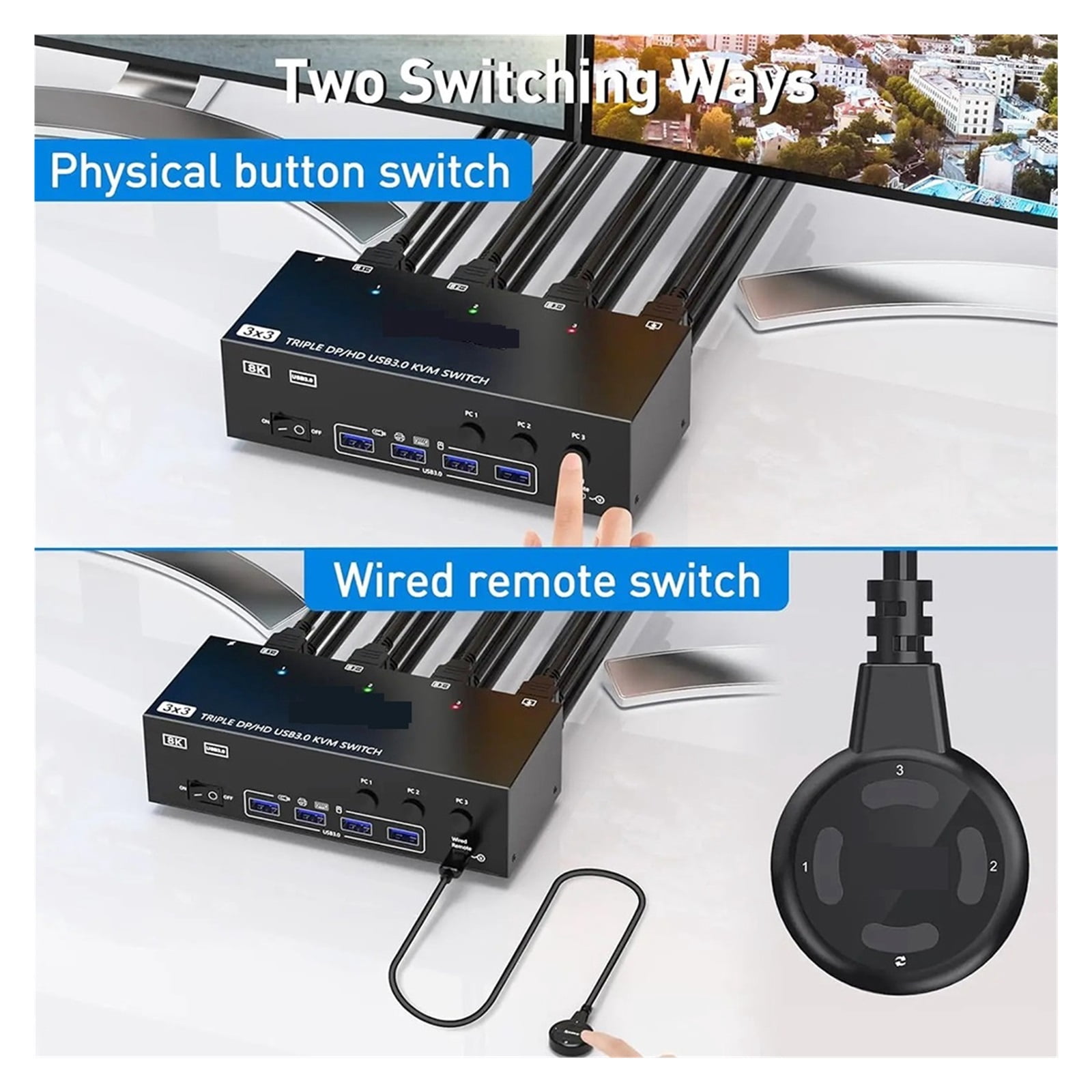USB 3.0 KVM Switch 3 Monitors 3 Computers, 8K@60Hz,4K@144Hz Triple Monitor KVM With 4 USB 3.0 Ports -Compatible 2 In 2 Out