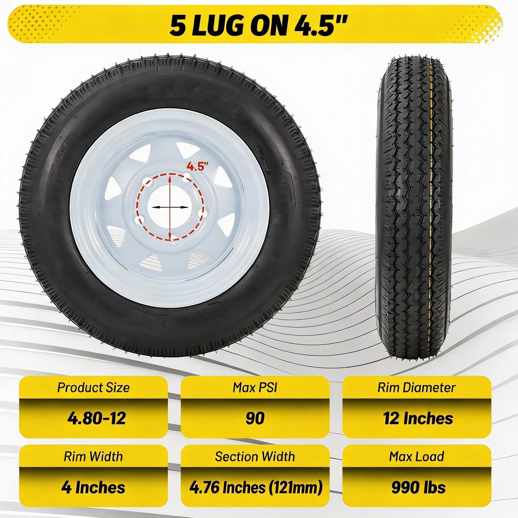 Set of 2 Trailer Tire Wheel Assembly 4.80-12 4.80x12 480-12, 6-Ply Load Range C, 5 Lug On 4.5" Fit Travel/Camper/Utility/Boat Trailers