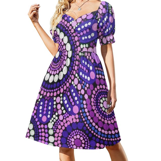 Vestido de manga corta con estampado morado de arte aborigen para reuniones familiares. Vestidos de moda de verano para mujer.