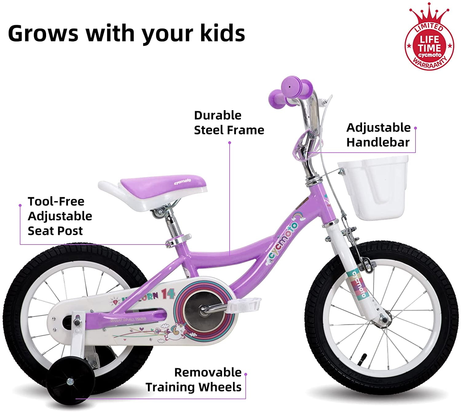 18 in Kids Bicycle with Kickstand Blue Pink Purple Basket and Hand Brake 14 & 16 & 18 Kids Bike with Training Wheels CYCMOTO Girls Bike for 3-9 Years Old Kids 