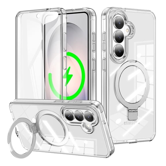 ELEHOLD for Samsung Galaxy S26 Magnetic Case Built-in Screen Protector, Shockproof Full Body Frosted Ring Stand Drop Protection Case, Clear