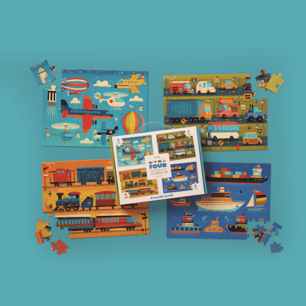 Crocodile Creek 4 pack Jigsaw Puzzle for Kids Ages 5 and Up - Fun and Educational Table or Floor - Heavy-Duty Box for Storage - Vehicles - 13.5" x 18" Finished