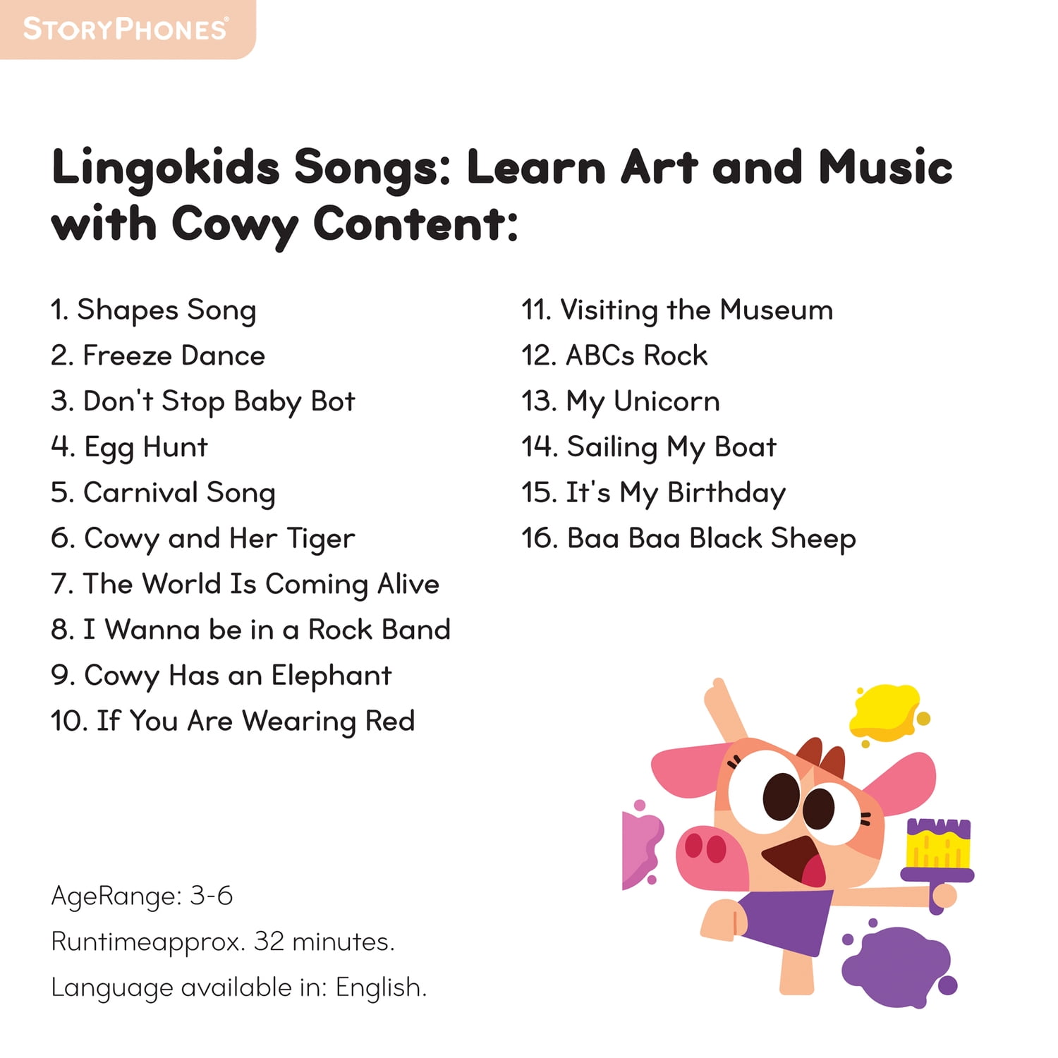 ONANOFF StoryShield Screen-Free Audio Storytelling Disk for StoryPhones (Learn About Art + Music with Cowy), STSH-LINGOKIDS-COWY