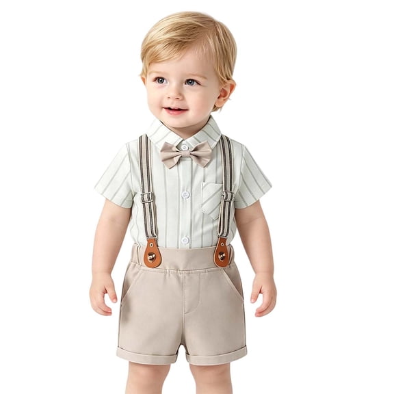 Tiijoy Baby Boys Outfits Striped Short Sleeve Bodysuit Suspenders Shorts Set, Sizes 9-12M
