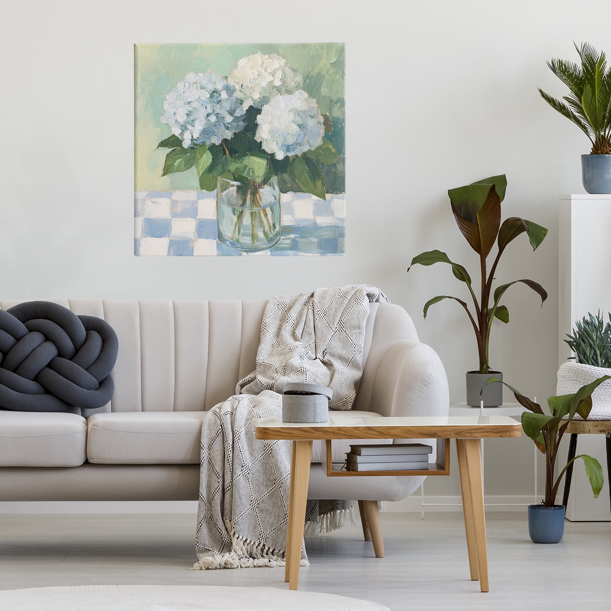 Stupell Industries Hydrangea Picnic on Checkered Canvas Wall Art, design by Petal Prints Design