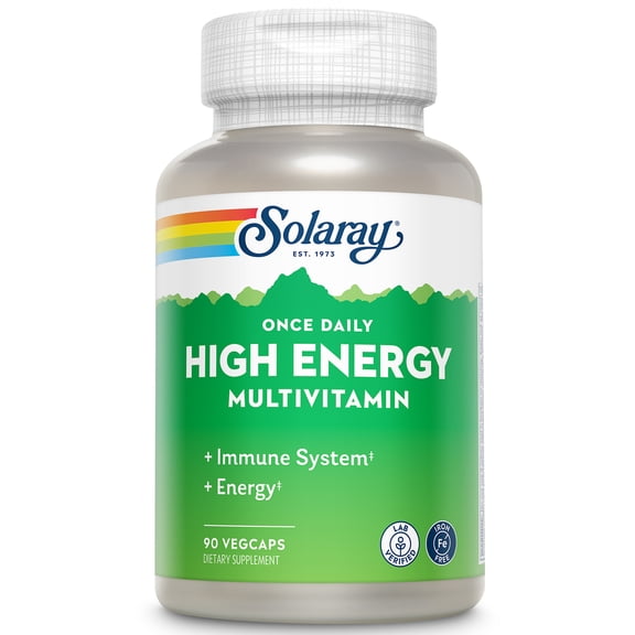 Solaray Once Daily High Energy Multivitamin, Iron Free, Immune System and Energy Support, Whole Food and Herb Base Ingredients, Mens and Womens Multi Vitamin (90 Servings, 90 VegCaps)