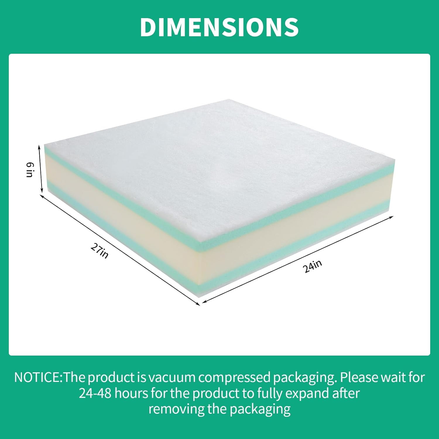 Memory Foam Couch Cushion Replacement, High Density Upholstery Foam Wrapped with Memory Foam & Polyester Batting, Sofa Cushions Inserts with Dacron Fiber Layer,with Removable Cover,6"x24"x27"