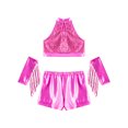 thumbnail image 4 of inlzdz Kids Girls Jazz Latin Dance Outfits Sequin Halter Crop Tops with Shorts Tassel Gloves Dancewear Hot Pink 8, 4 of 7