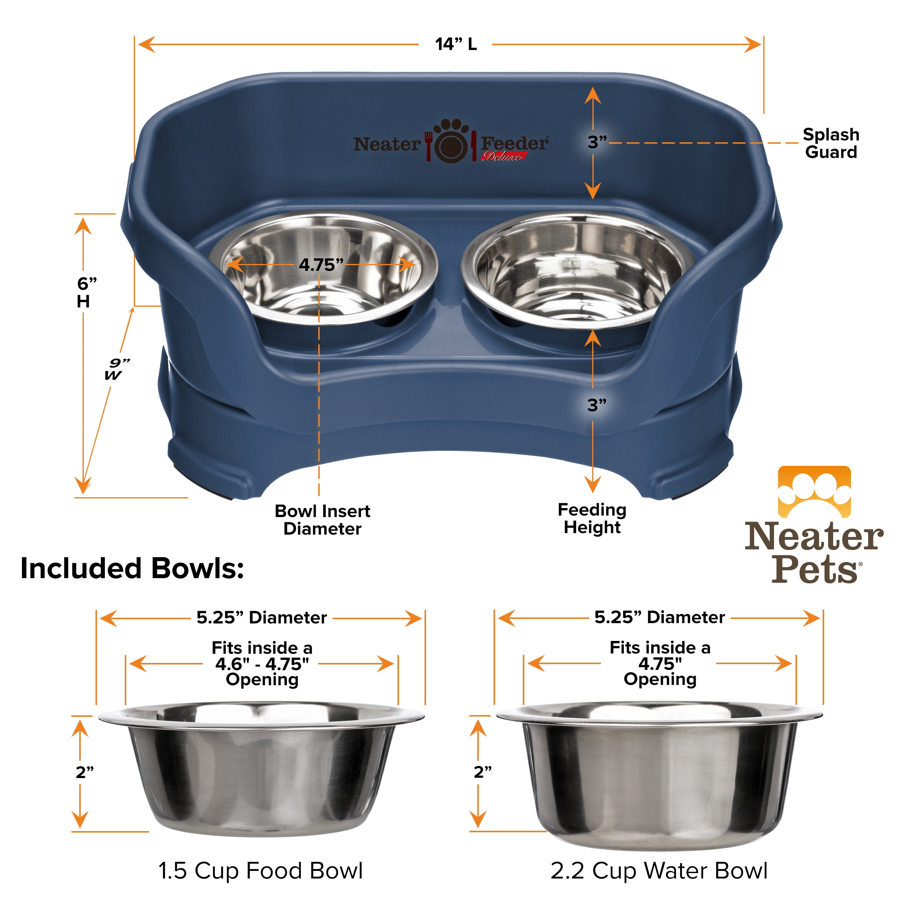 Neater Pets Neater Feeder Deluxe Mess-Proof Elevated Food & Water Bowls for Small Dogs, Dark Blue