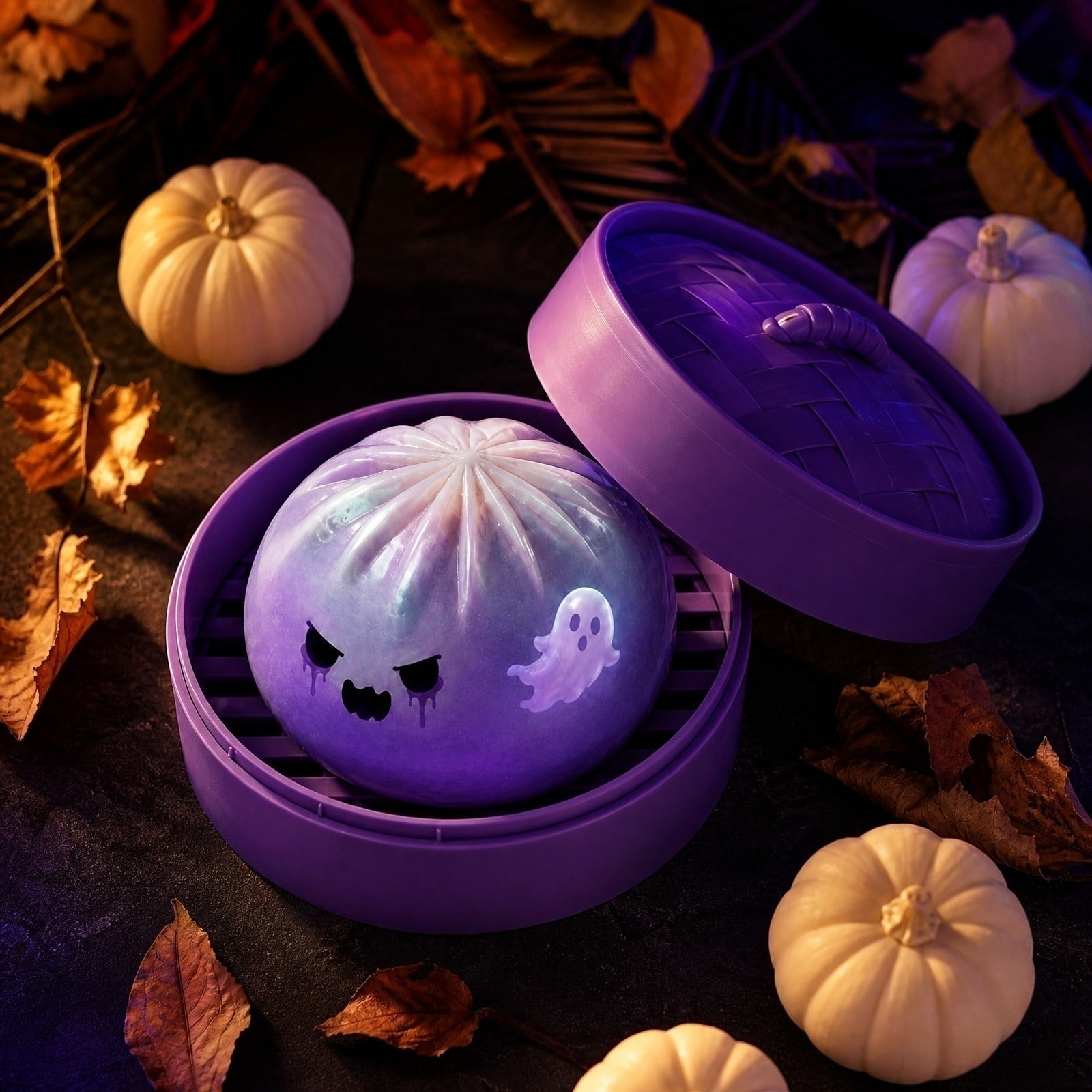 Halloween Ghost Dumpling Squishy, Dumplings Squishies Stress Balls Fidget Sensory Toys, Mystery Dumplings Squishy Soft Squeeze Decompression Dough for Adults(Glitter Purple)