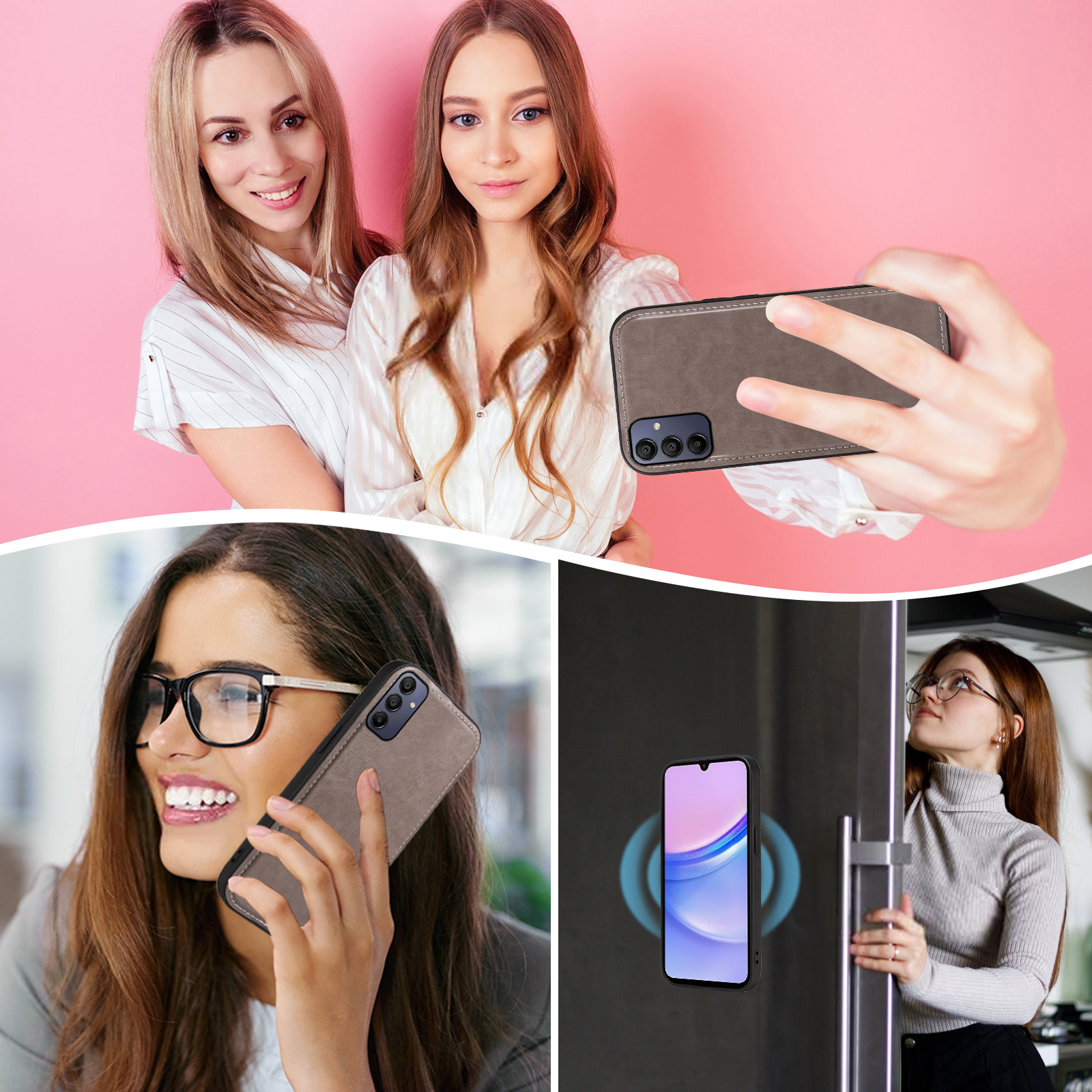 Asuwish Phone Case for Samsung Galaxy A15 5G/4G Zipper Wallet Detachable Cell Cover with Tempered Glass Screen Protector Crossbody Lanyard Strap Flower Flip Card Holder A 15 G5 15A Women Girls Gray