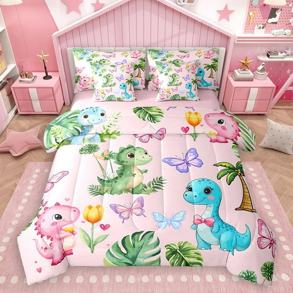 Homewish Cartoon Animal Dinosaur 7-Piece Twin Bedding Sets for Kids Children Teens,Flowers Butterflies Bedding Comforter Set,Dreamy Princess Breathable Sheet Sets,Luxury Bedroom Decor,Reversible