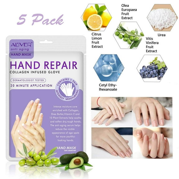 Aliver Hand Mask Moisturizing Gloves for Dry, Aging, Cracked Hands - 5 Pcs