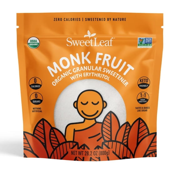SweetLeaf Organic Monk Fruit Granular Sweetener, 28.2 oz, 1:1 Sugar Substitute, Zero Calorie, Keto Friendly, Non-GMO, Gluten Free, White Sugar Replacement for Baking, Coffee & Recipes