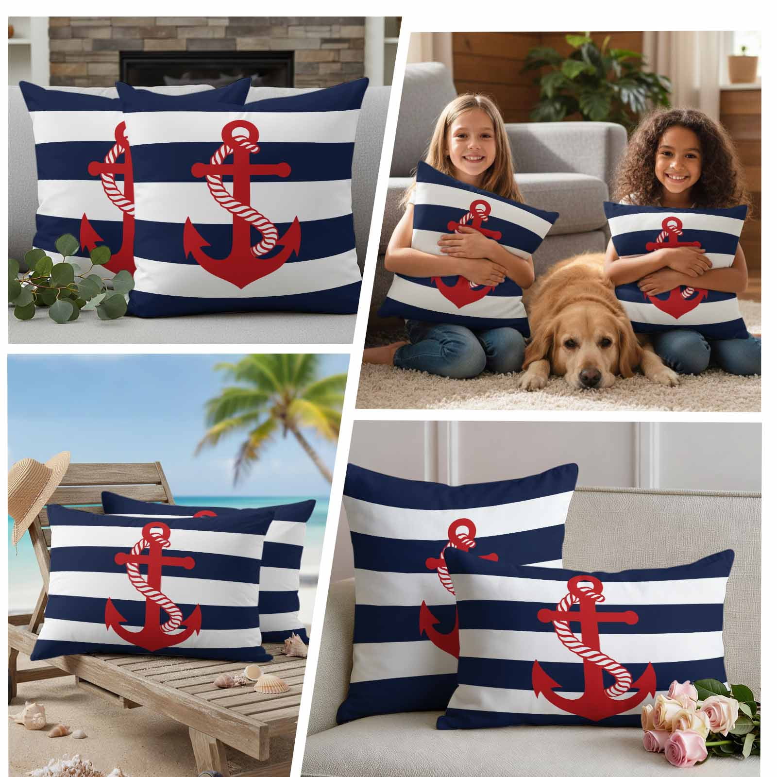 Outdoor Pillow Covers Pack of 2, Nautical Anchor Navy Blue Waterproof Throw Pillowcase Cushion Cases, Summer Ocean Coastal Style Decorative Pillow Cover for Couch Sofa Home Bed Patio