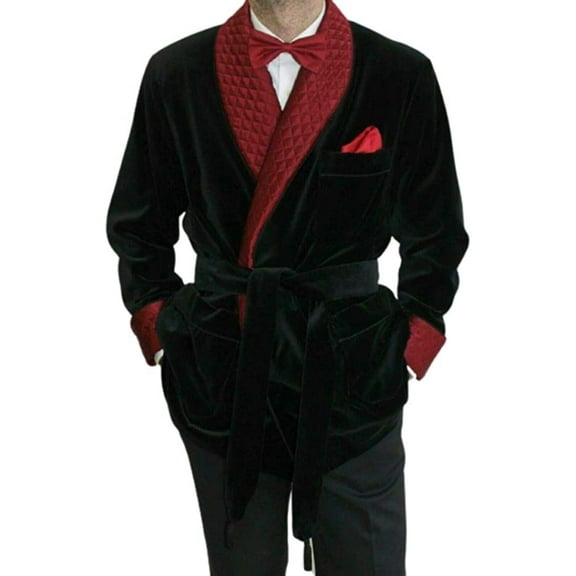 Men's Smoking Jacket Robe Elegant Party Wear Black Velvet Quilted Smoking Coat Dinner Blazer