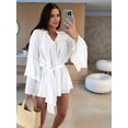 thumbnail image 5 of Women'S Layered Bell Sleeve Tie Neck Mini Dresses Ruffle Belted Tunic Dress White M, 5 of 9
