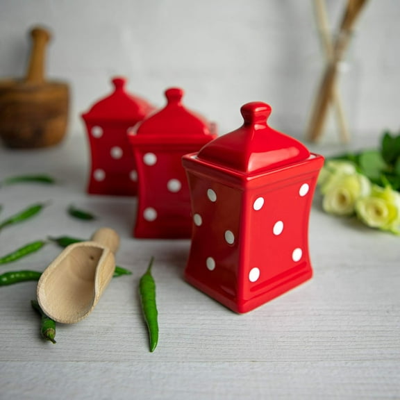 City to Cottage Red and White | Polka Dot | Handmade | Small 5.3oz/150ml Ceramic Kitchen | Herb Spice | Storage Jar Set of 3 | Containers | Canisters