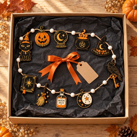 Vintage Witchcraft Halloween Ornament Wooden Garland Mantel Decor