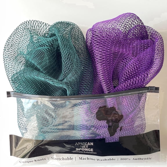 African Net Sponge Authentic - 2 Pieces Real African Exfoliating Loofah Sponge with Knots - African Net Wash Cloths for Body Scrubber Exfoliator Green& Black - Back Scrub for Shower Bath Accessories