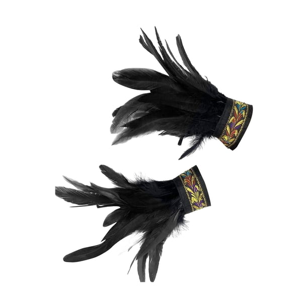Puños de plumas, guantes de plumas, calentadores de brazos, estilo punk gótico para Halloween y cosplay. Negro