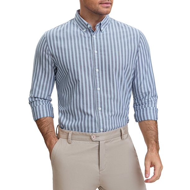 Camisas de vestir de negocios de manga larga con botones para hombres Inspire Chic, rayas, XL, gris claro