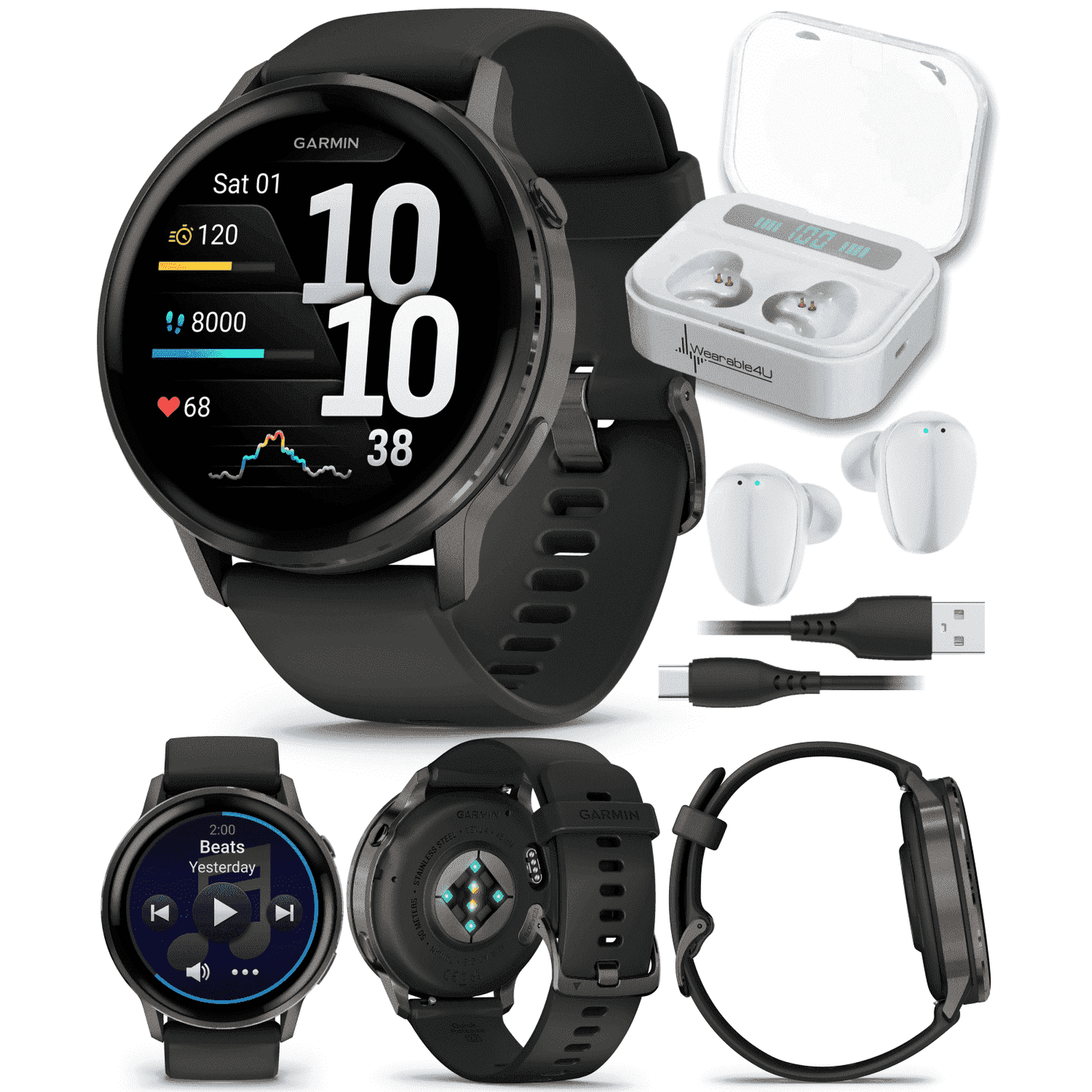 Garmin Venu 4 - 45mm AMOLED Advanced Health & Fitness GPS Smartwatch, Bright & Colorful Display, Flashlight, Up to 12 Days Slate w/ Black Silicone Band w/Wearable4U White EarBuds Bundle