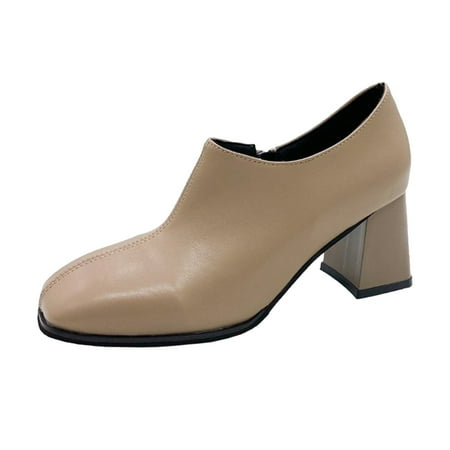 

SEMIMAY Women Ankle Boots Fashion Simple Solid Leather Shoes Comfortable Square Heel Thick Heel Khaki
