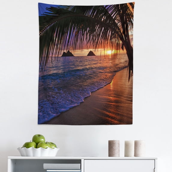 Hawaii Tapestry, Pacific Sunrise at Lanikai Beach Hawaii Sandy Tropics Hills Leaves Landmark, Fabric Wall Hanging Decor for Bedroom Living Room Dorm, 5 Sizes, Purple Umber, by Ambesonne