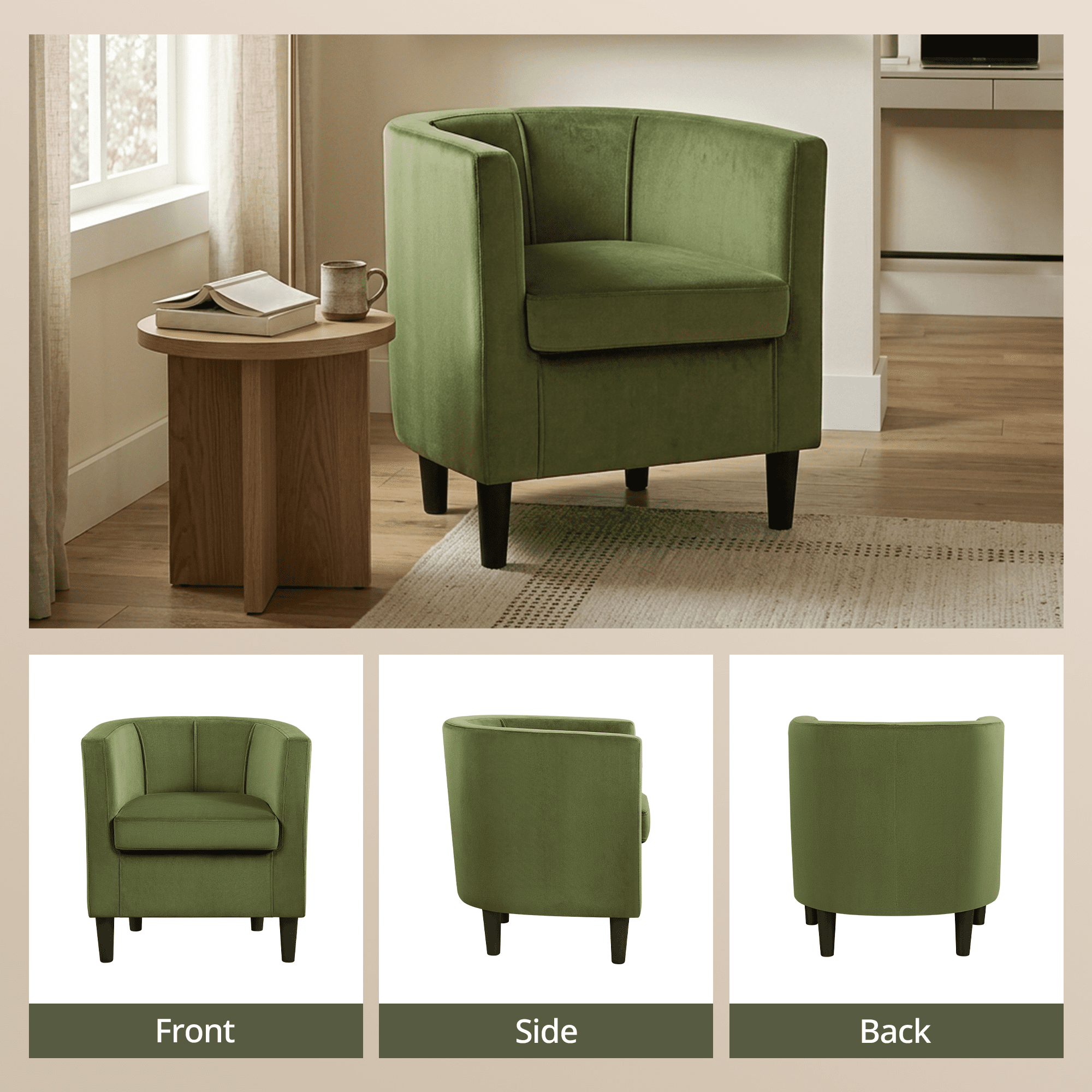 Renwick Upholstered Barrel Shaped Accent Chair with Curved Backrest for Livingroom, Olive Green Velvet, Set of 2
