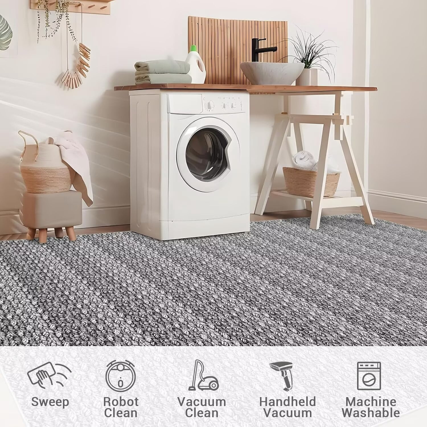 Hasoo Area Rug 10' x 13' Rugs for Living Room Chic Imitation Braided Print Soft Velvet Rug Non Slip Carpet for Bedroom, Dark Gray
