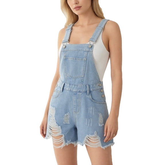 Abomasnow Women's Ripped Short Overalls Adjustable Denim Bib Overall Shorts Casual Soft Streetwear Going Out Shorts with Pockets