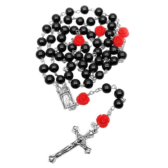 JZROCKER Rosary Necklace Glass Beads Rose Flower Crucifix Charm Clavicle Chain Religious Jewelry Long Necklace Choker