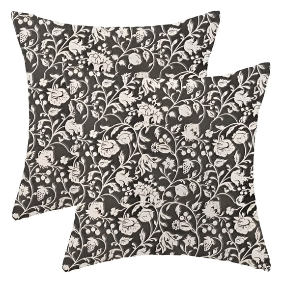 XIBUFE Floral Throw Pillow Covers 20x20 Set of 2,Flower Print Linen Decorative Pillow Covers Neutral Vintage Decoration Outdoor Cushion Cover Black Floral Pillowcase for Sofa Couch Farmhouse Room