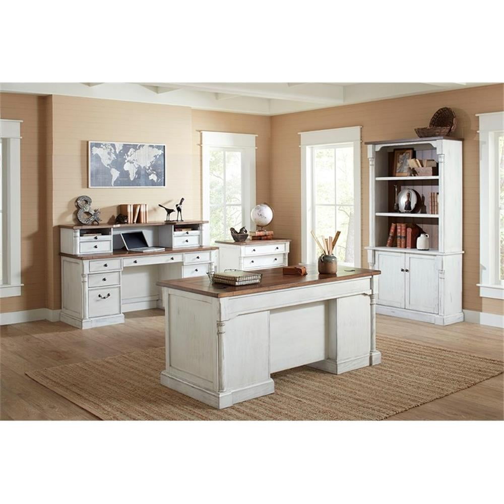 Pemberly Row Rustic Wood Double Pedestal Executive Desk w/ Power Center in White