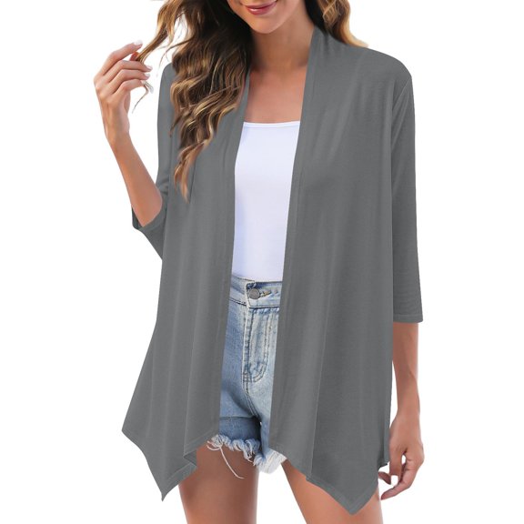 Women's Chiffon Blouses Lightweight Open Front Cardigan 3/4 Sleeve Cover Ups Shrugs Shawls and Wraps Kimono Jacket Coat