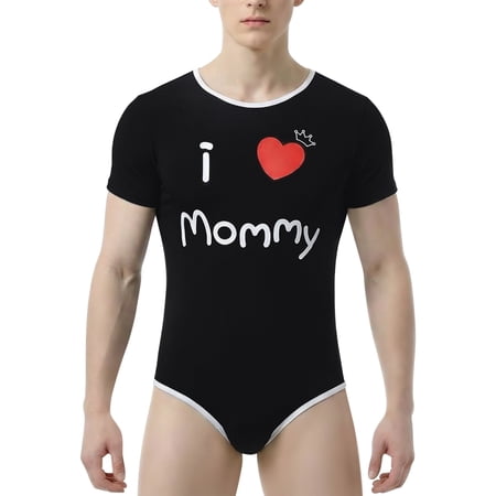 CutiePlusU Men's Bodysuits Adult Romper Onesie Cotton Button Crotch for Men Print-I Love Mommy,XS