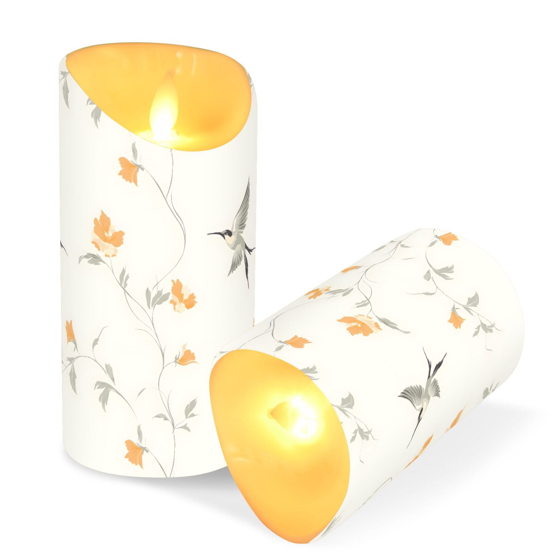 Hummingbird and Flowers Flameless Candles 2 PCS with Remote Realistic Moving Flame LED Tapered Pillar Set for Home Decor