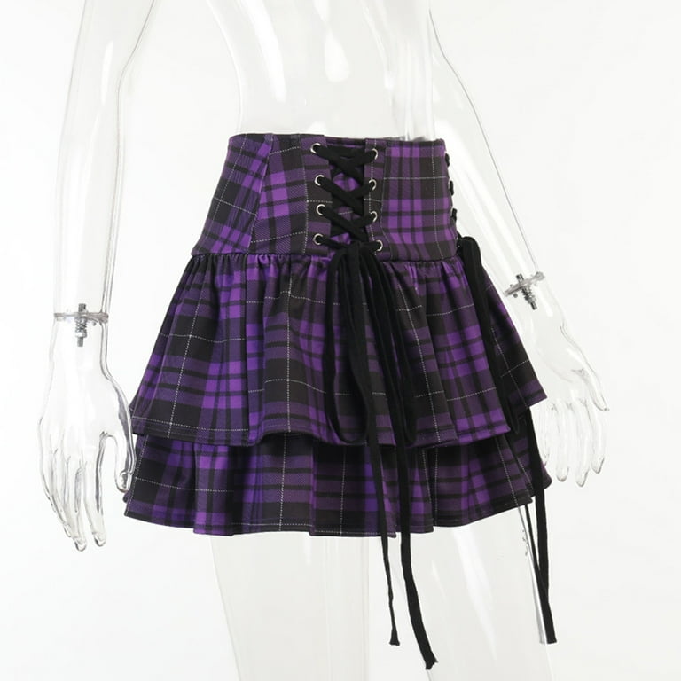 ZPAQI Women Gothic High Waist Double Layer Plaid Lace-Up ZPAQI Women Gothic High Waist Double Layer Plaid Lace-Up